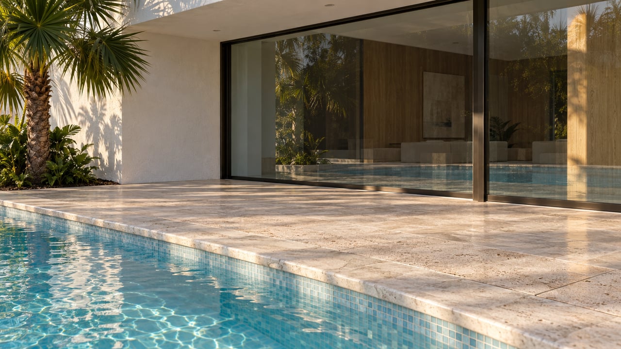 Aqua pool water borders a pale-stone terrace and closed glass slider beneath a white stucco overhang.