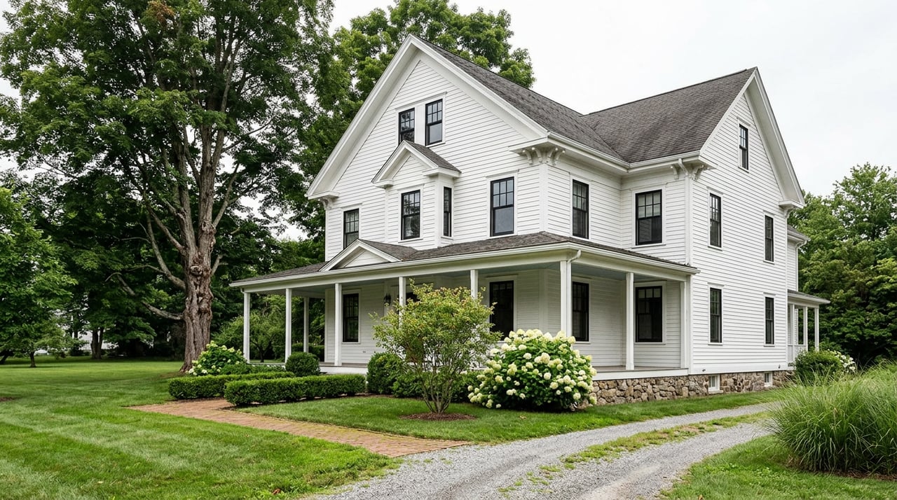 White clapboard house with black divided-light windows, wraparound porch, stone foundation, and a red maple.