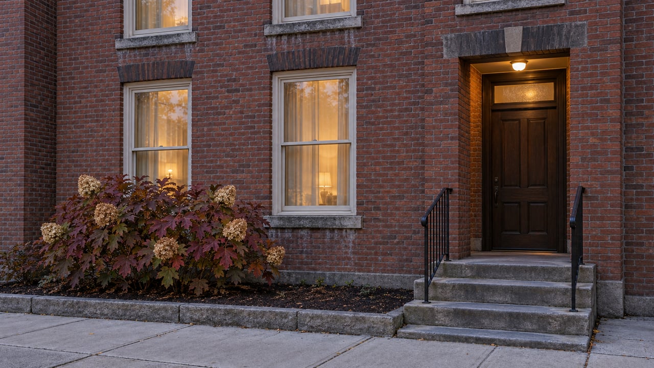Two-story red brick residence at blue hour with ivory window frames, a recessed wood entrance, bluestone steps and an oakleaf hydrangea in autumn color.