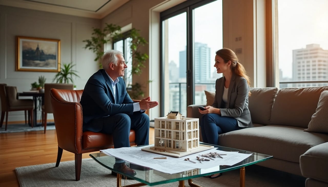 Parent and adult child discussing an NYC home purchase with a model building on the table.