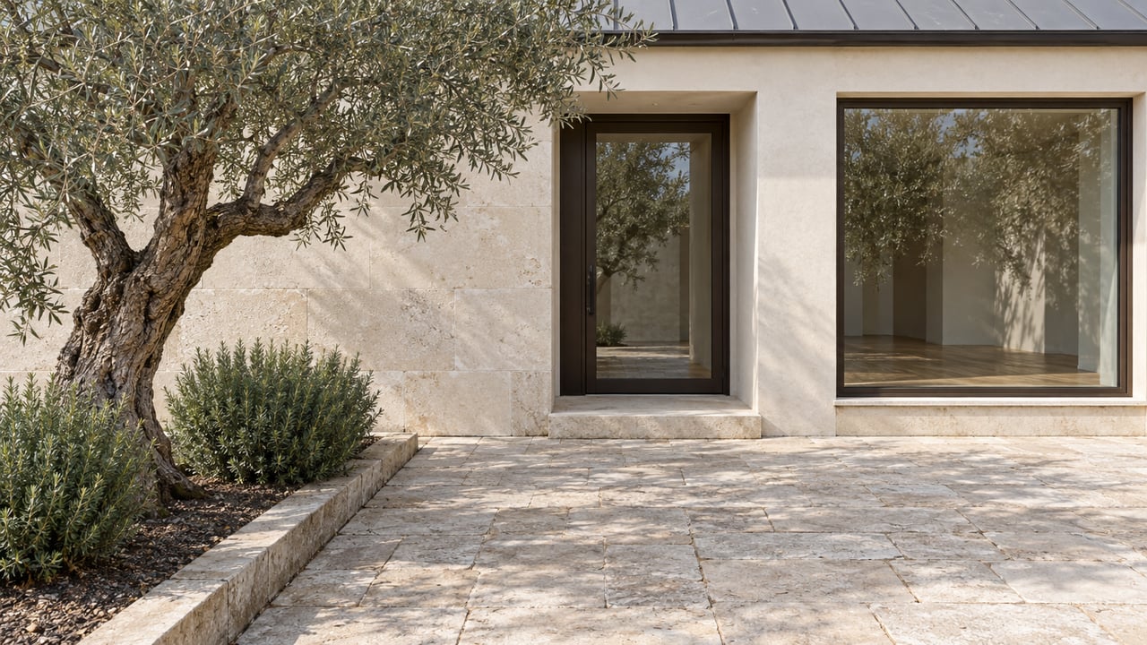 Limestone-paved entry court with a bronze-framed glass door, large window, and olive tree.