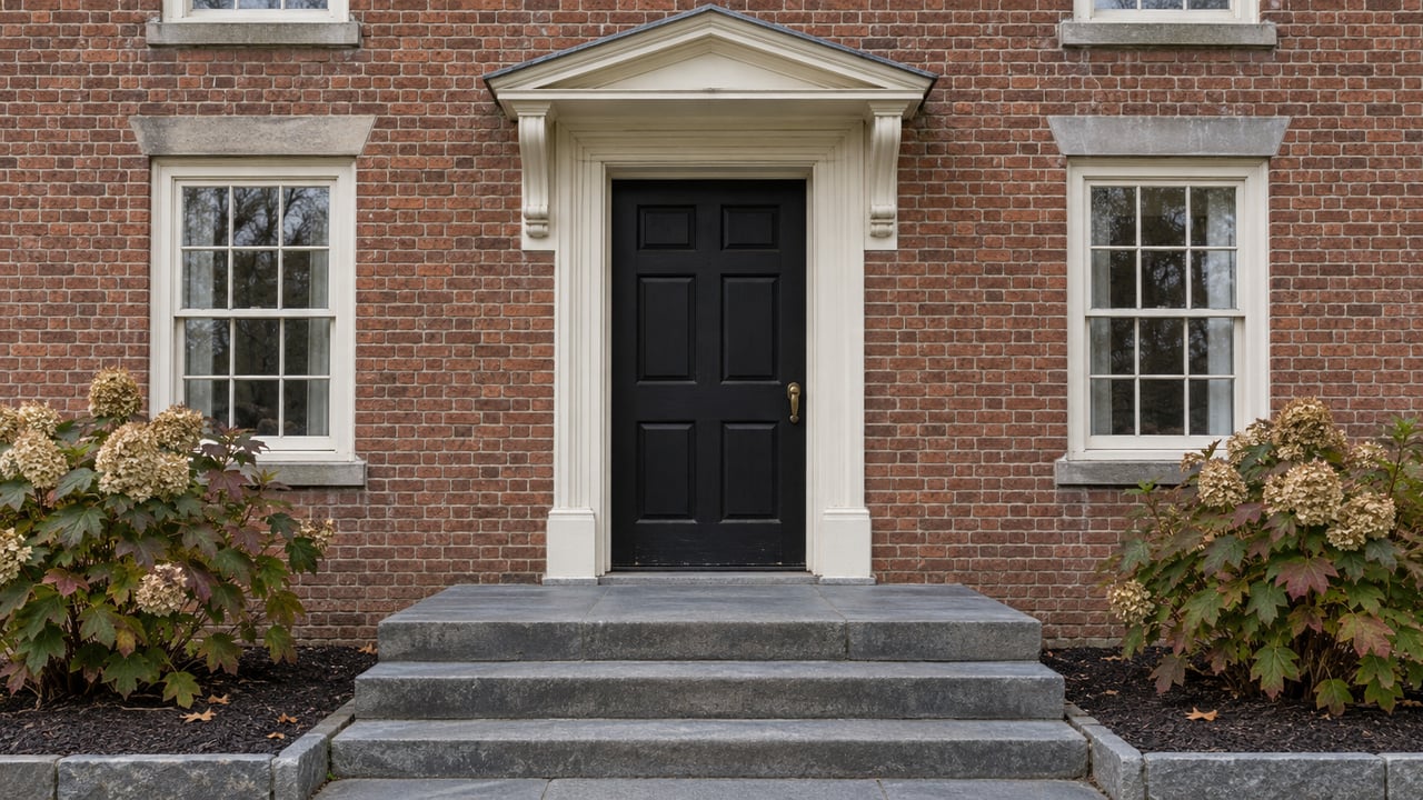 Brick house entry with a black paneled door, white-trimmed sash windows, worn bluestone steps and oakleaf hydrangeas.