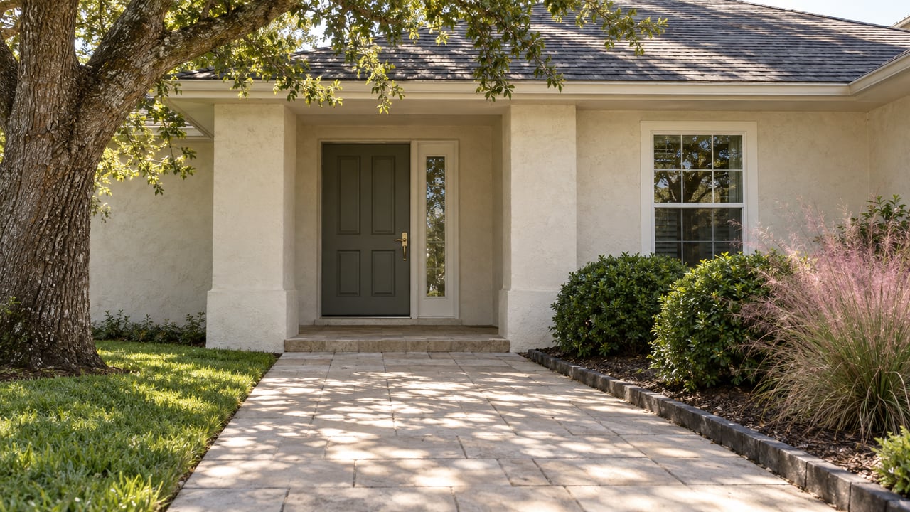 Recessed stucco home entry with a paneled door, oak canopy, paver walk, and rounded shrubs.