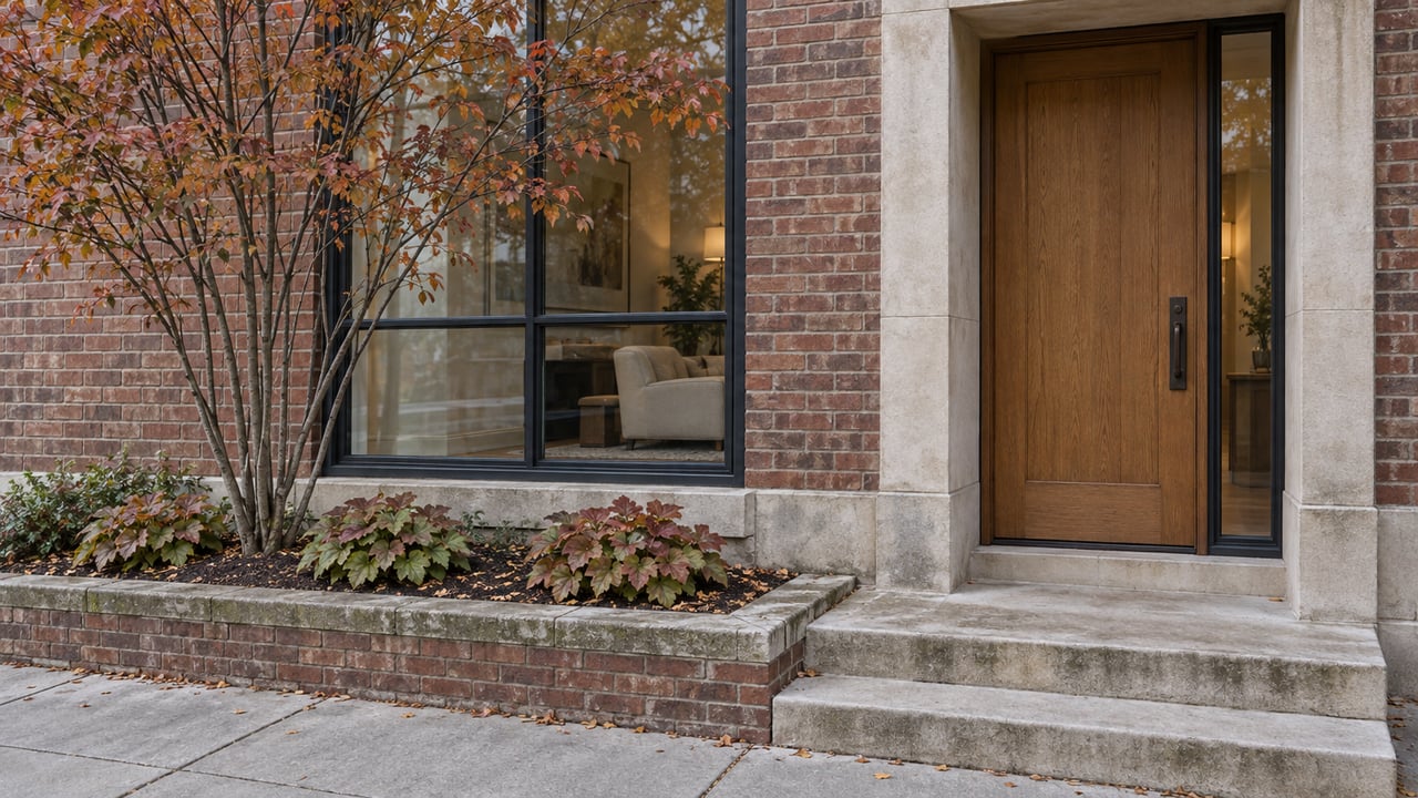 Brick urban home entrance with recessed oak door, black-framed window, limestone steps, and a small tree in a raised bed.