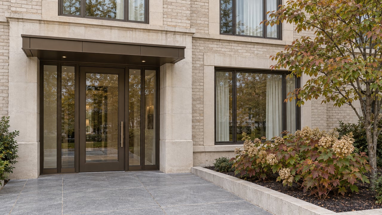 Ivory-brick residential entrance with bronze-framed glazing, limestone detailing and a dogwood beside a raised planting bed.