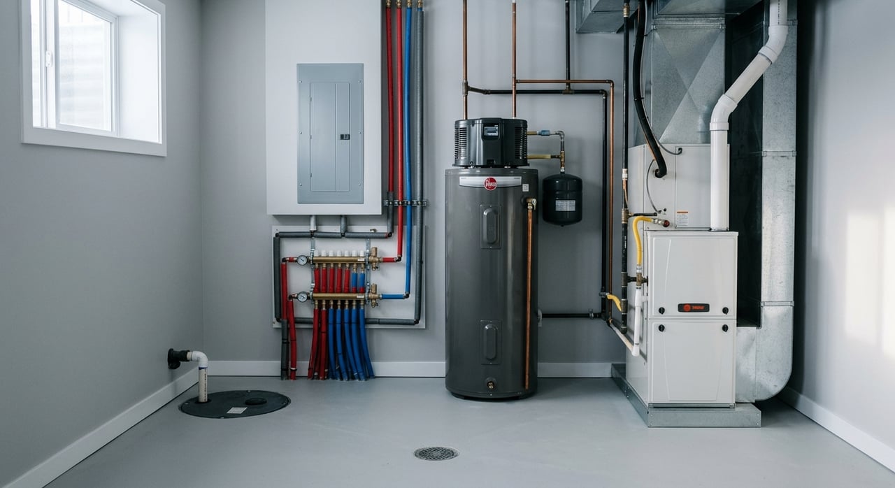 Basement utility corner with a charcoal furnace, white water heater, PEX manifold, floor drain, and sump cover.
