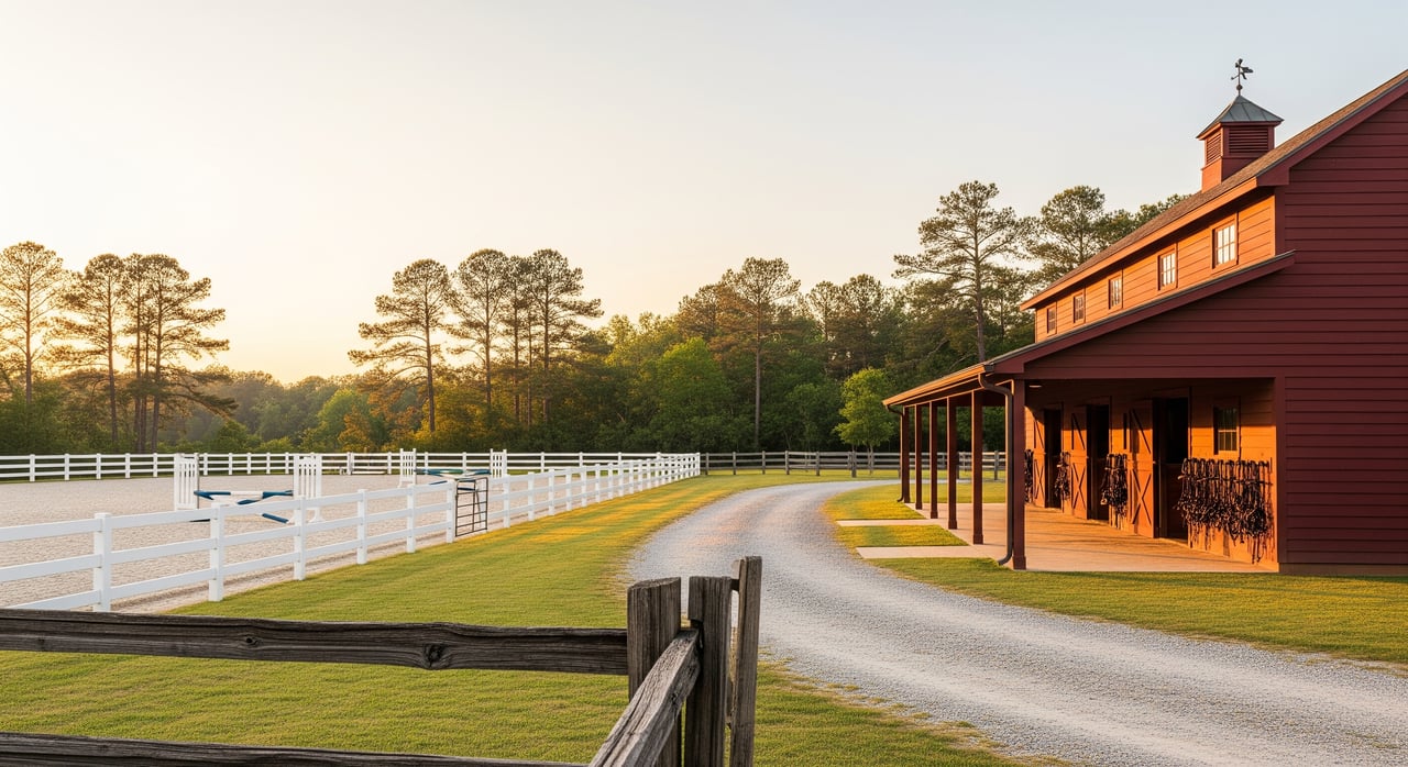 Red barn beside a curving gravel drive, white fencing, and sunlit pine trees.