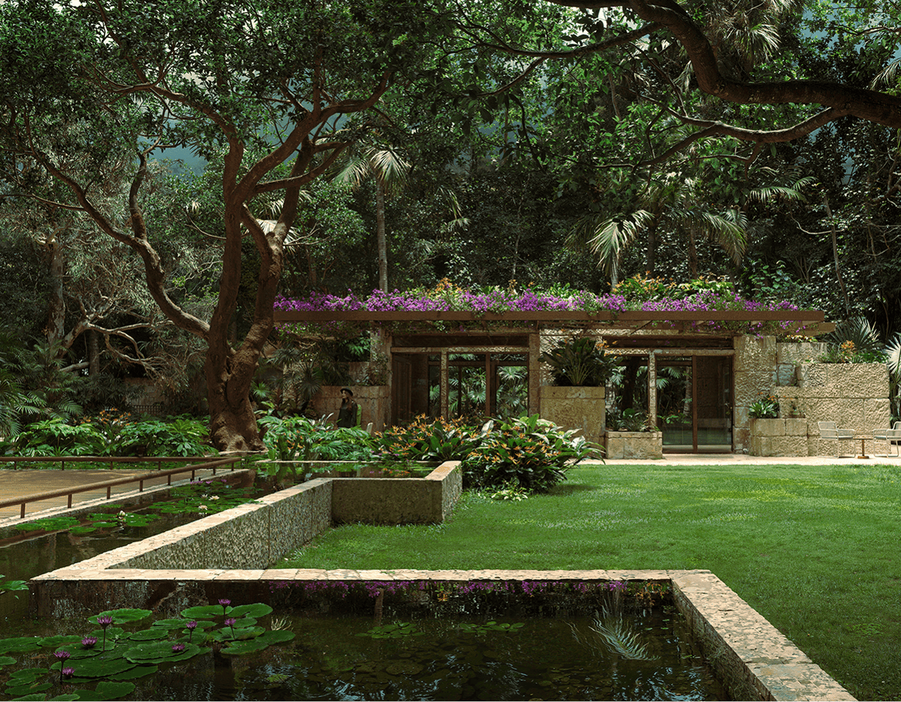 Stone garden pavilion beneath a flower-covered pergola, surrounded by tropical greenery and lily ponds.