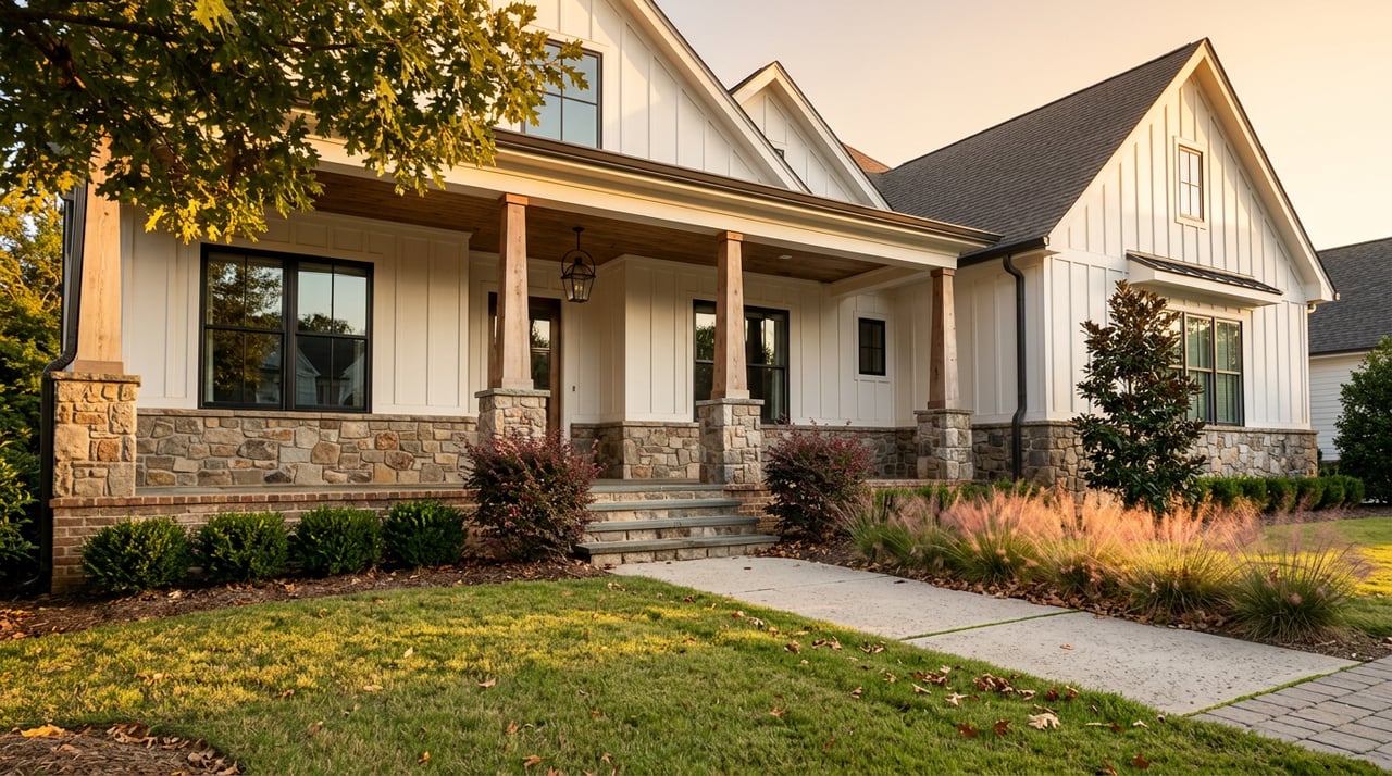 White board-and-batten farmhouse with fieldstone porch, black-framed windows, and a concrete walkway across the lawn.