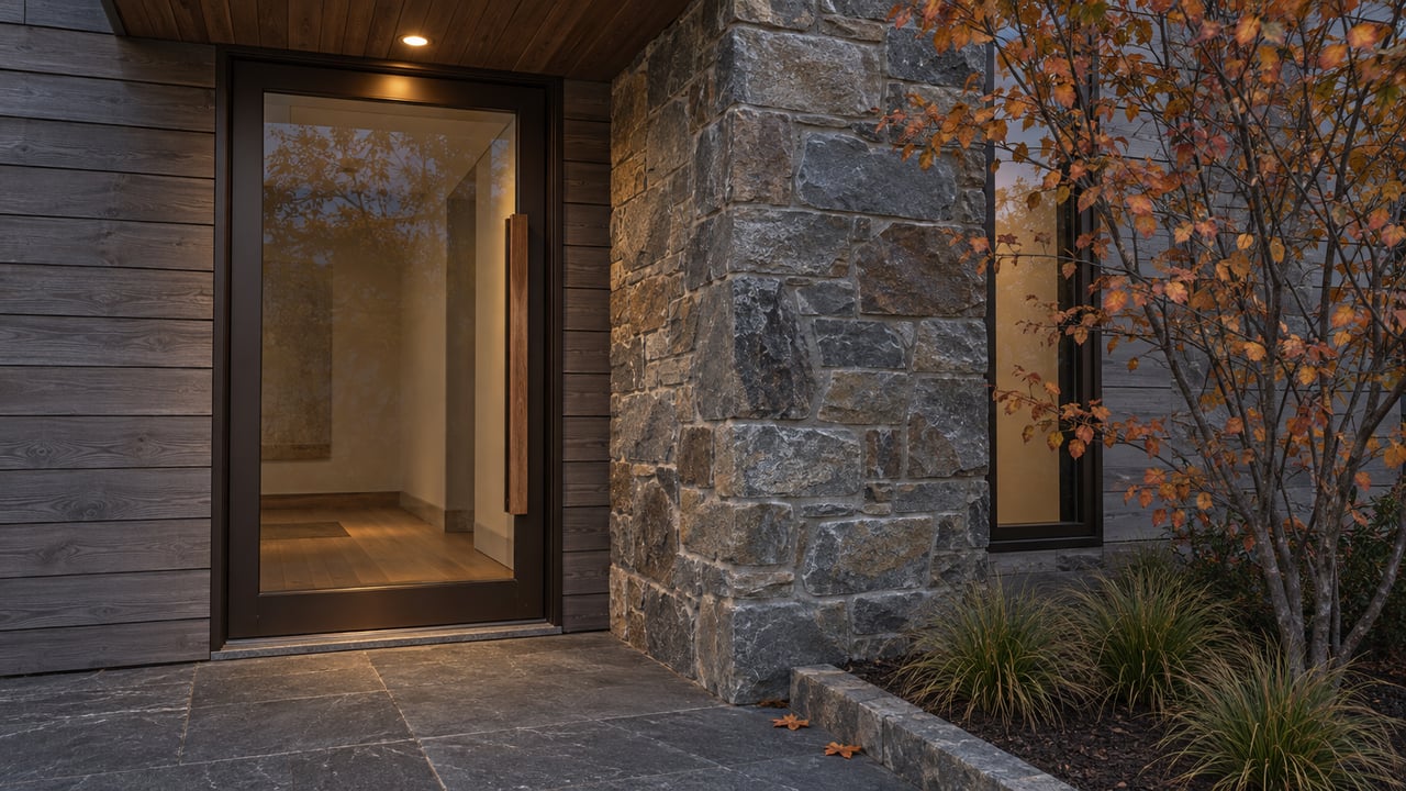 A sheltered wood-and-stone residential entry with bronze-framed glass, a quartzite landing and copper autumn serviceberry leaves.