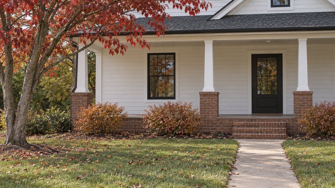 White two-story house with a brick porch, concrete path, and wine-red autumn dogwood.