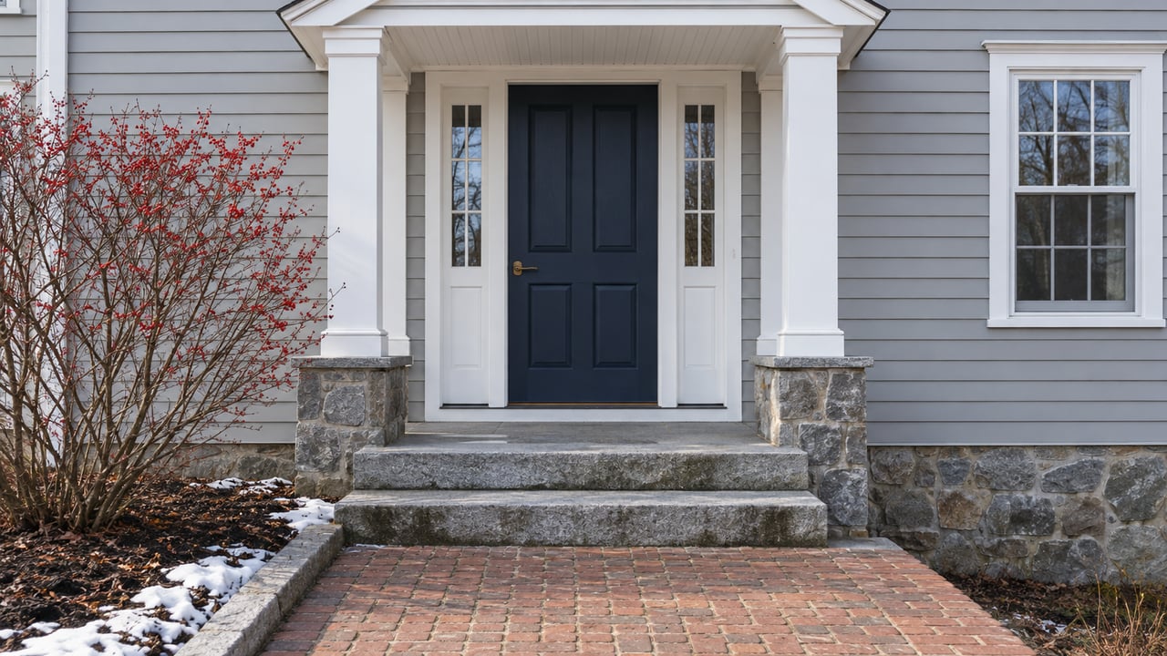 Navy front door and white portico on a pale gray clapboard home, with granite steps, a brick walk and winterberry beside traces of snow.