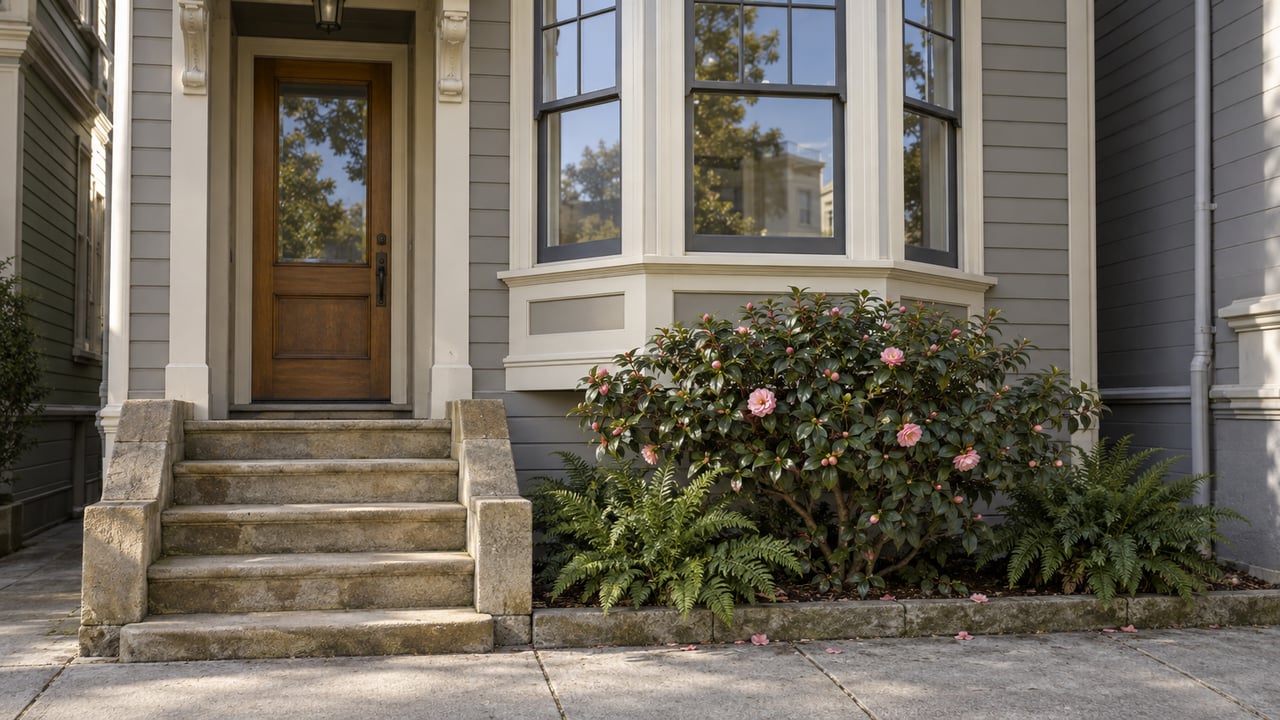 Townhouse facade with a projecting three-window bay, recessed wood door, sandstone steps, and camellia shrub.