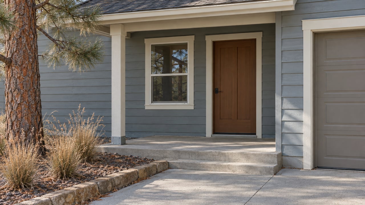 Blue-gray lap-sided home with a simple covered entry, weathered concrete steps, sandstone bed edging, and a ponderosa pine.