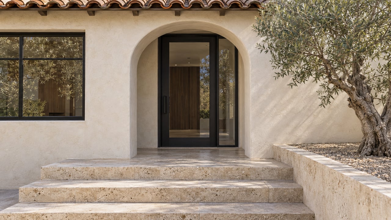 Sunlit stucco home entrance with a plaster arch, black steel glazing, travertine steps and a sculptural olive tree.