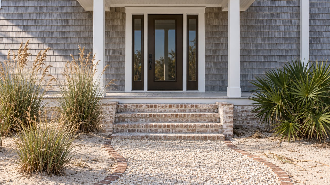 Coastal house entry with a glazed door, brick steps, shell path, sea oats, and palmetto.
