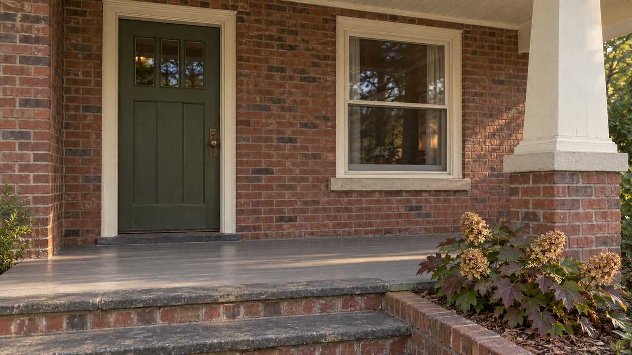 A sheltered brick bungalow entry with an olive-painted door, cream wood trim, worn porch boards and an oakleaf hydrangea beside the steps.