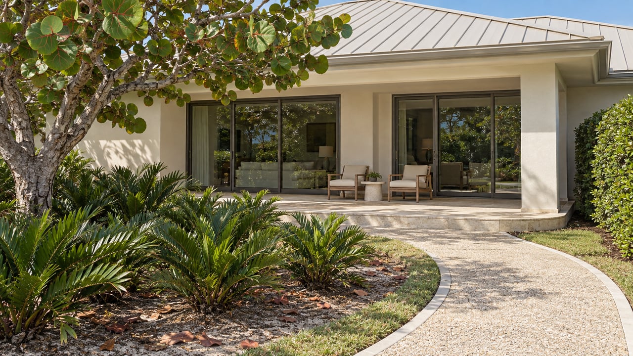 Ivory coastal home with a pale metal roof, closed bronze-framed glass doors, limestone terrace and a sea-grape garden.