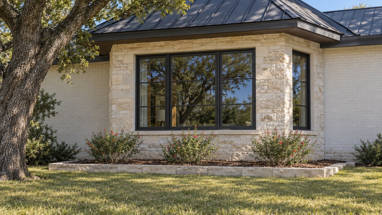Morning sunlight across a limestone and painted-brick home with black-framed windows, an established lawn and a sculptural live oak.