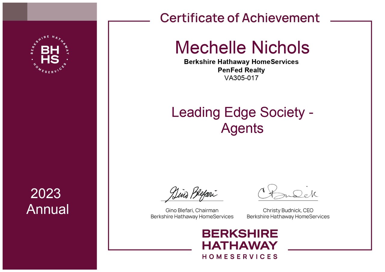 Mechelle Nichols’s 2023 Berkshire Hathaway HomeServices Leading Edge Society certificate.