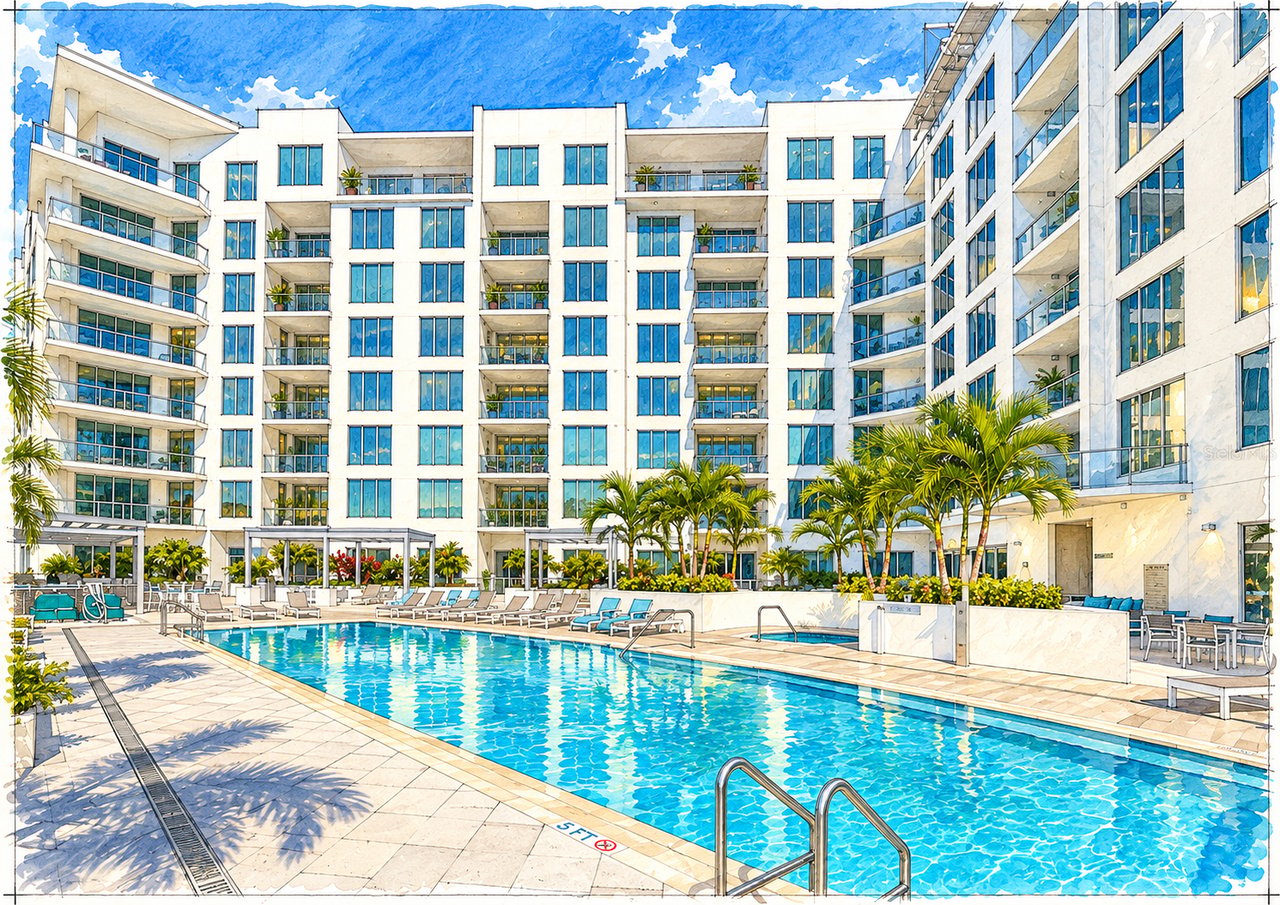The Mark Sarasota condominium rises behind a turquoise pool, palm trees, and a sun deck.