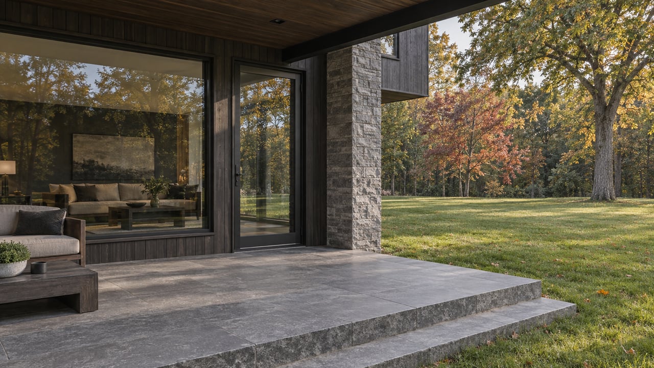 Stone terrace beside a dark timber-clad home, with closed glass doors overlooking a broad lawn and mature autumn trees.