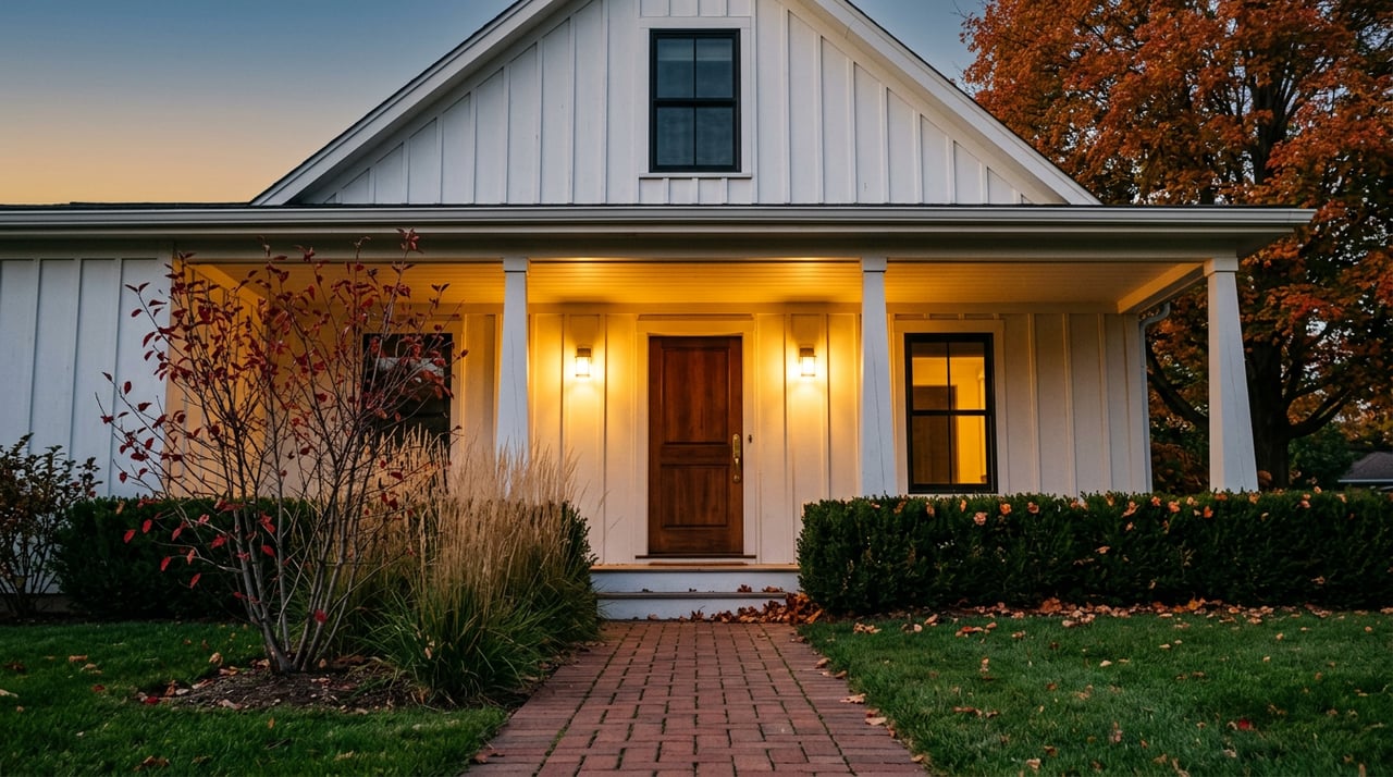 White gabled home with a warmly lit porch, brick walkway, autumn maple canopy, and dusk-blue sky.