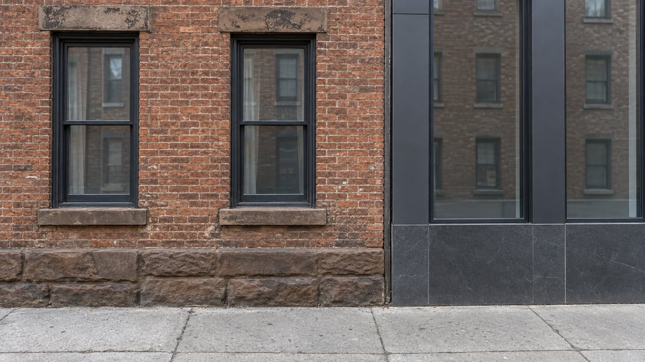 Russet brick residential façade beside charcoal-clad infill, with dark windows and a worn concrete sidewalk.