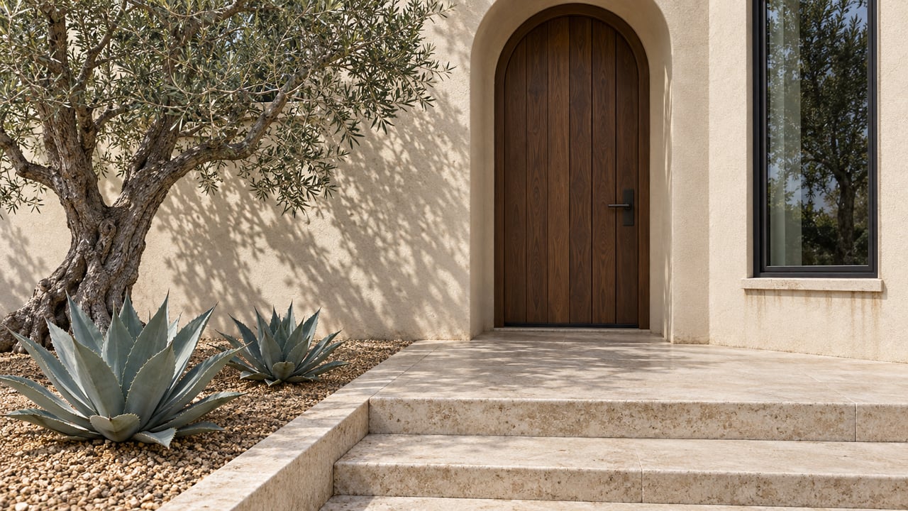 Sunlit stucco entry with a walnut door, limestone steps, a sculptural olive tree and two agaves.