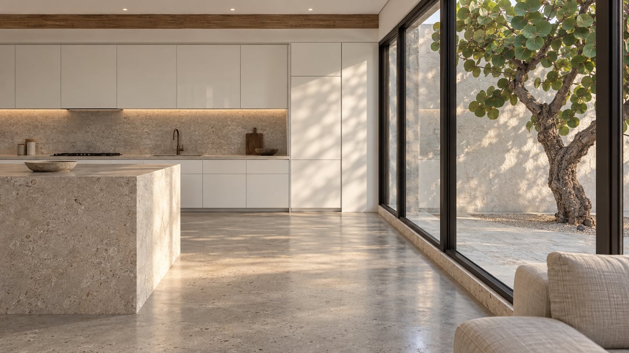 Modern kitchen with white cabinetry and limestone island beside bronze-framed courtyard windows and a mature tree.