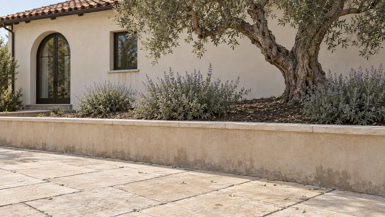 Limestone terrace and stucco retaining wall below an olive tree and arched glass door.