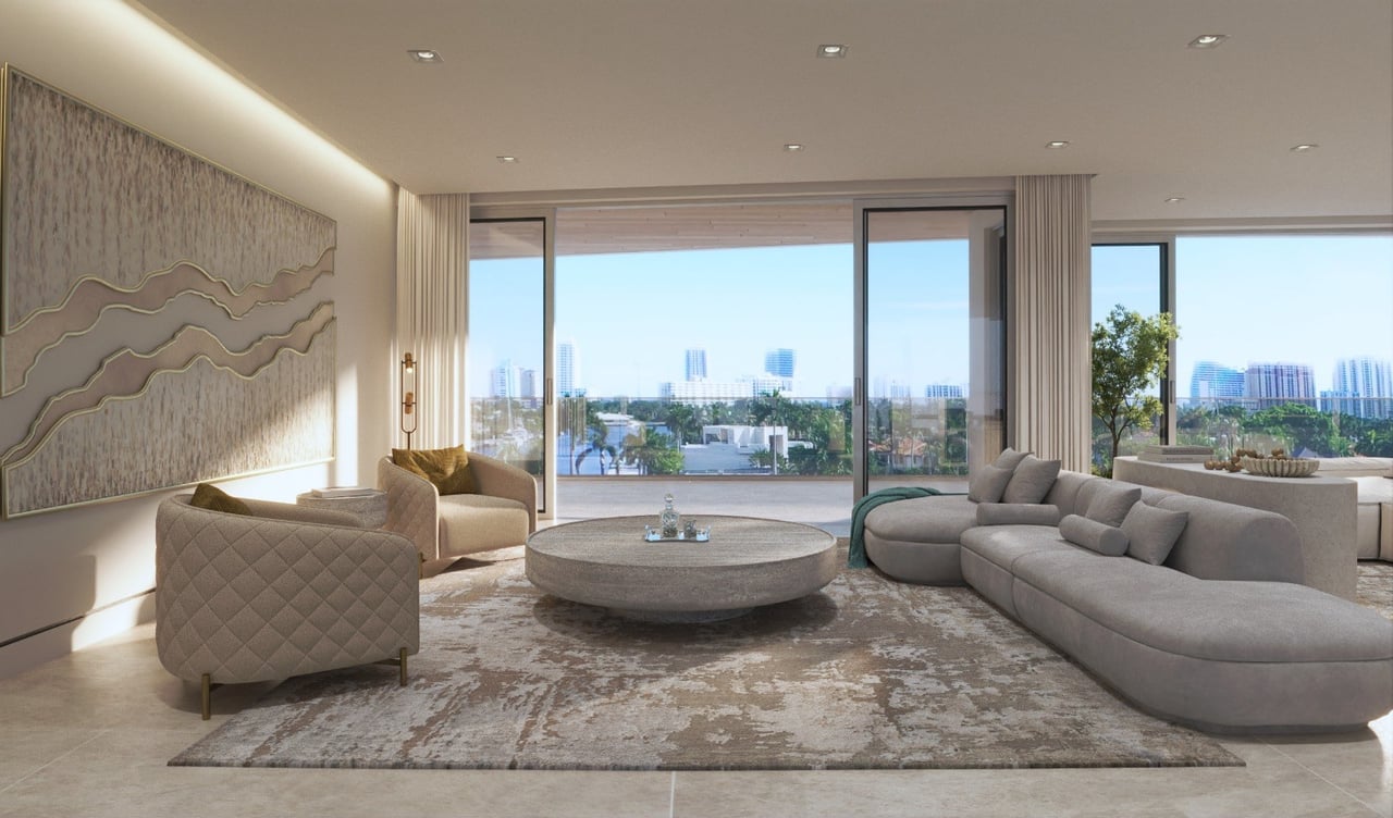Rendering of living room and terrace at Lumière on Hendricks Isle in Fort Lauderdale.