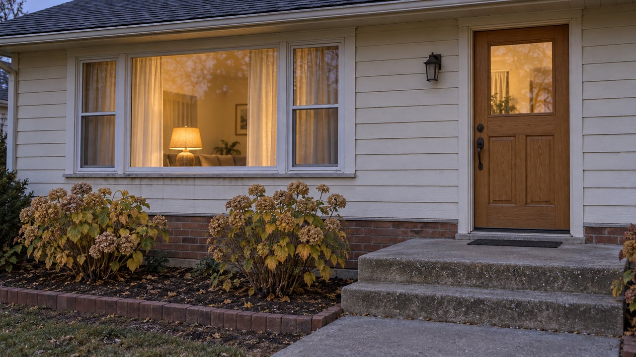 Cream-sided bungalow entry at dusk with an oak door, warmly lit window, worn concrete steps and autumn hydrangeas.