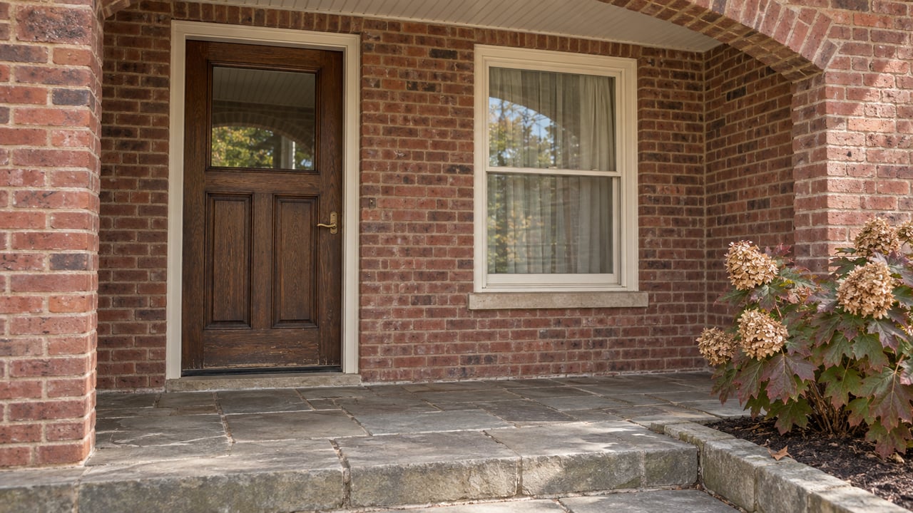 Covered brick home entry with a dark oak door, ivory sash window, sandstone landing and autumn oakleaf hydrangea.