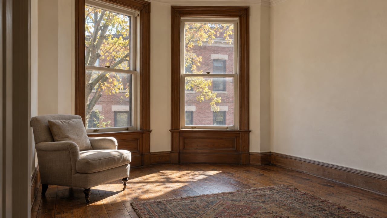 Bright rowhouse parlor with two tall bay windows, a taupe chair, worn oak floors, and red brick outside.