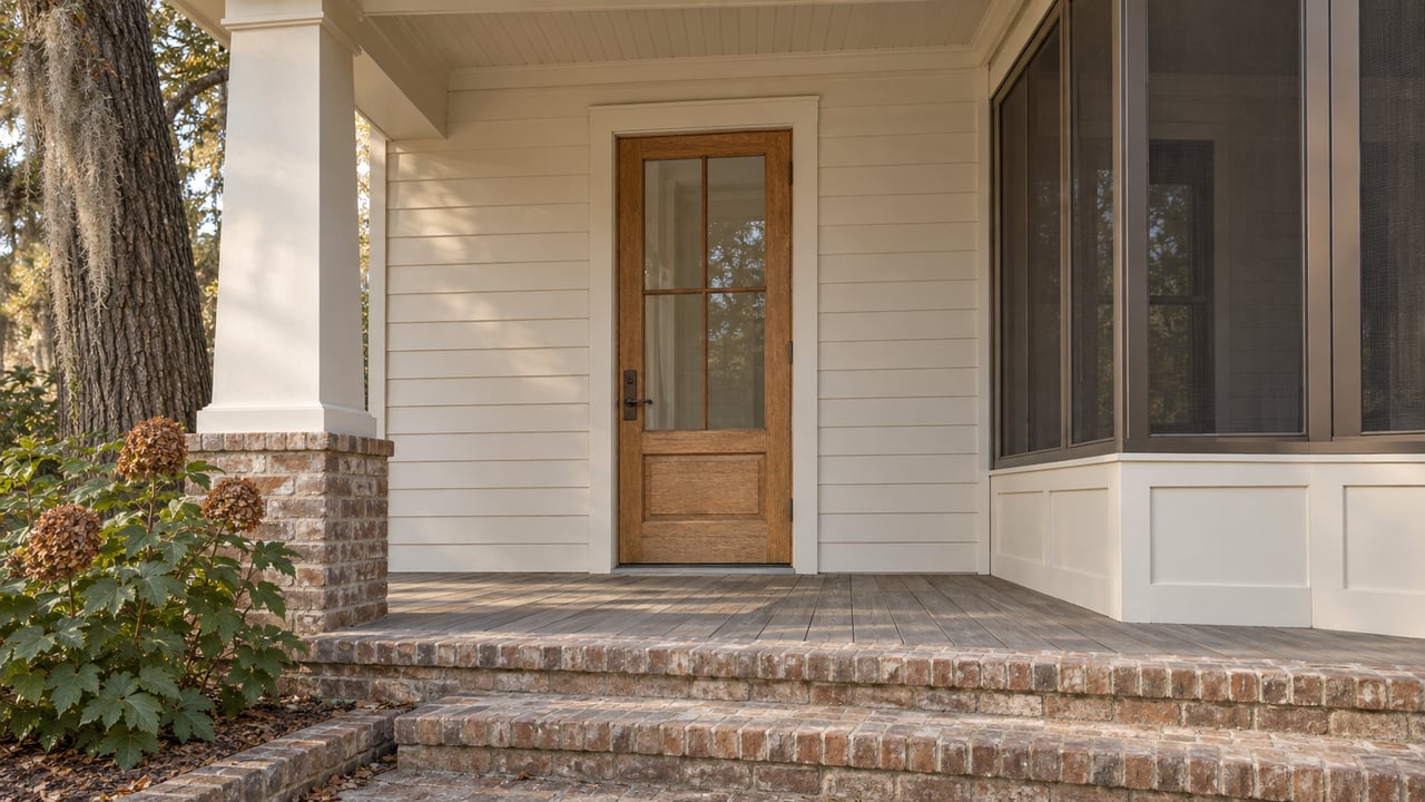 Close view of a cream-sided home's oak entry door, screened porch, worn brick steps, and oakleaf hydrangea.