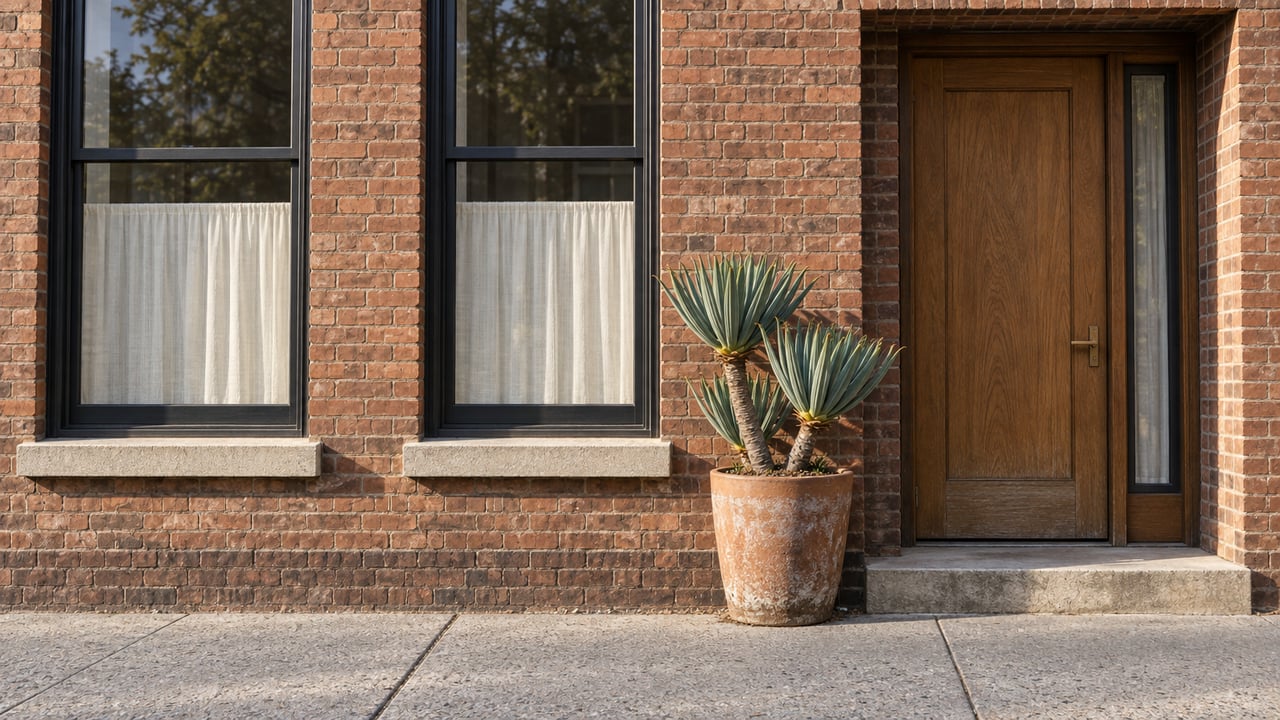 Sunlit brick residential loft facade with tall steel-framed windows, a recessed oak entrance and a sculptural fan aloe in terracotta.