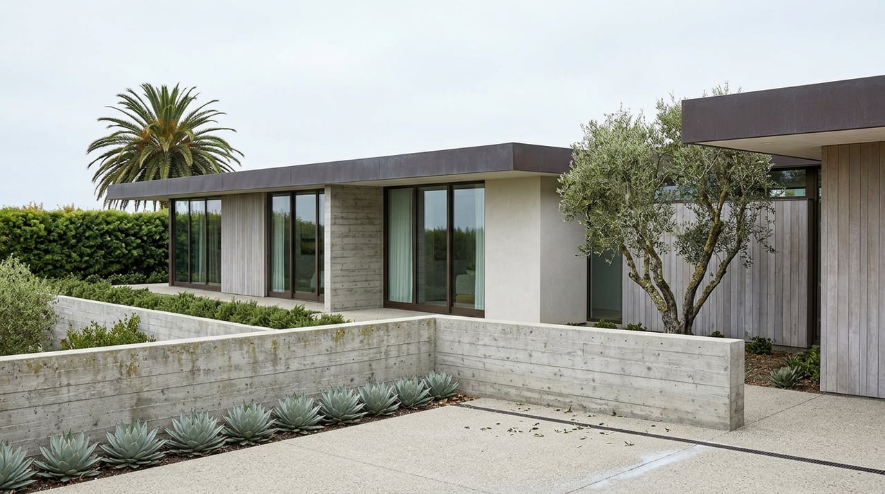 Hillside home with glass sliders, an olive tree, and agaves beside a concrete retaining wall.