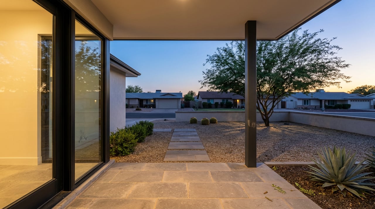 Covered stone entry opens onto a gravel xeriscape yard with stepping pavers, cacti, and a mesquite tree at dusk.