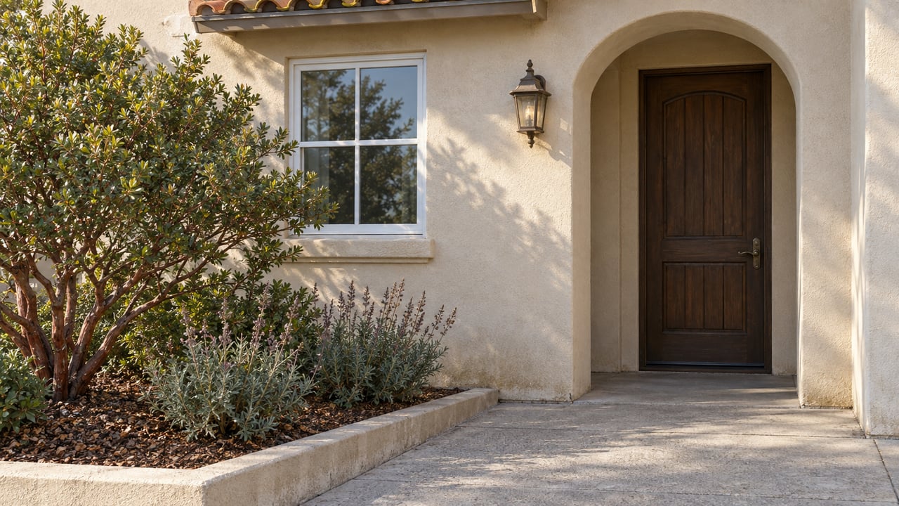 Cream stucco home entry with a recessed wooden door, clay roof tiles, and manzanita and Cleveland sage beside an edged concrete walk.