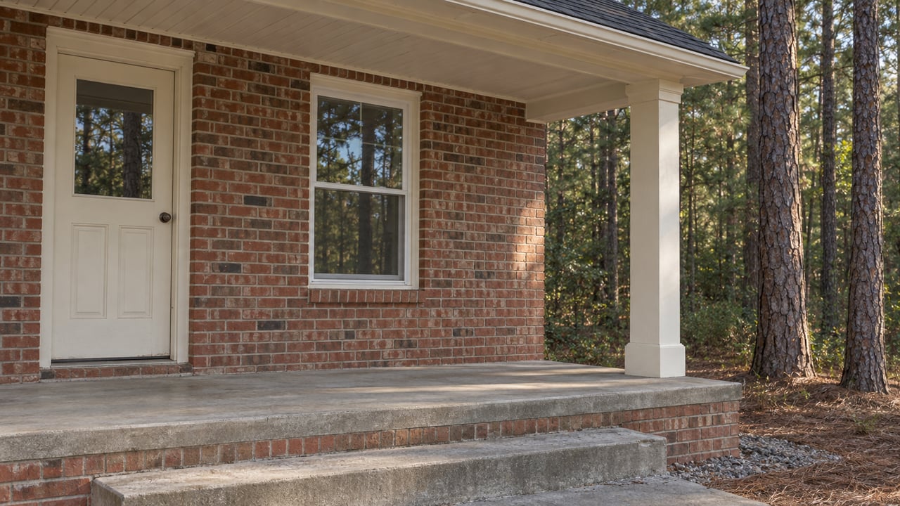 Close view of a brick home's cream-painted porch entry, concrete steps and mature pine trees beyond the porch column.