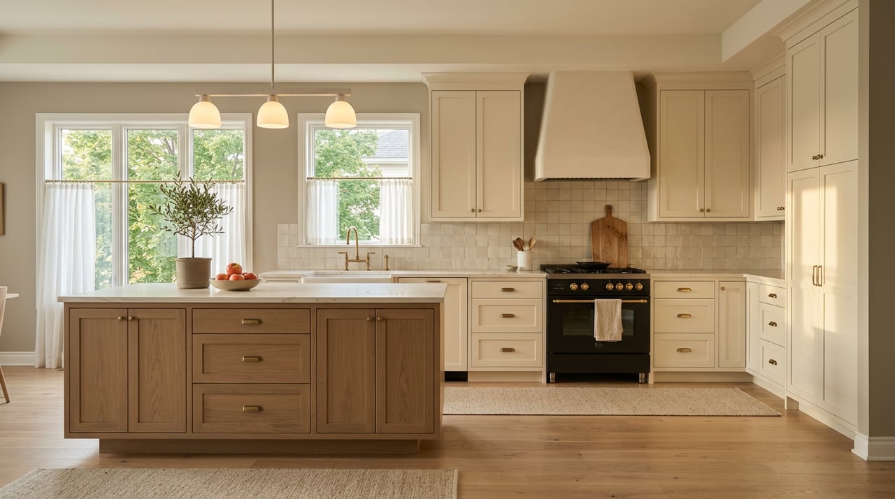 Warm ivory kitchen with oak island, black range, brass faucet, potted olive tree, and apples in late-afternoon sun.