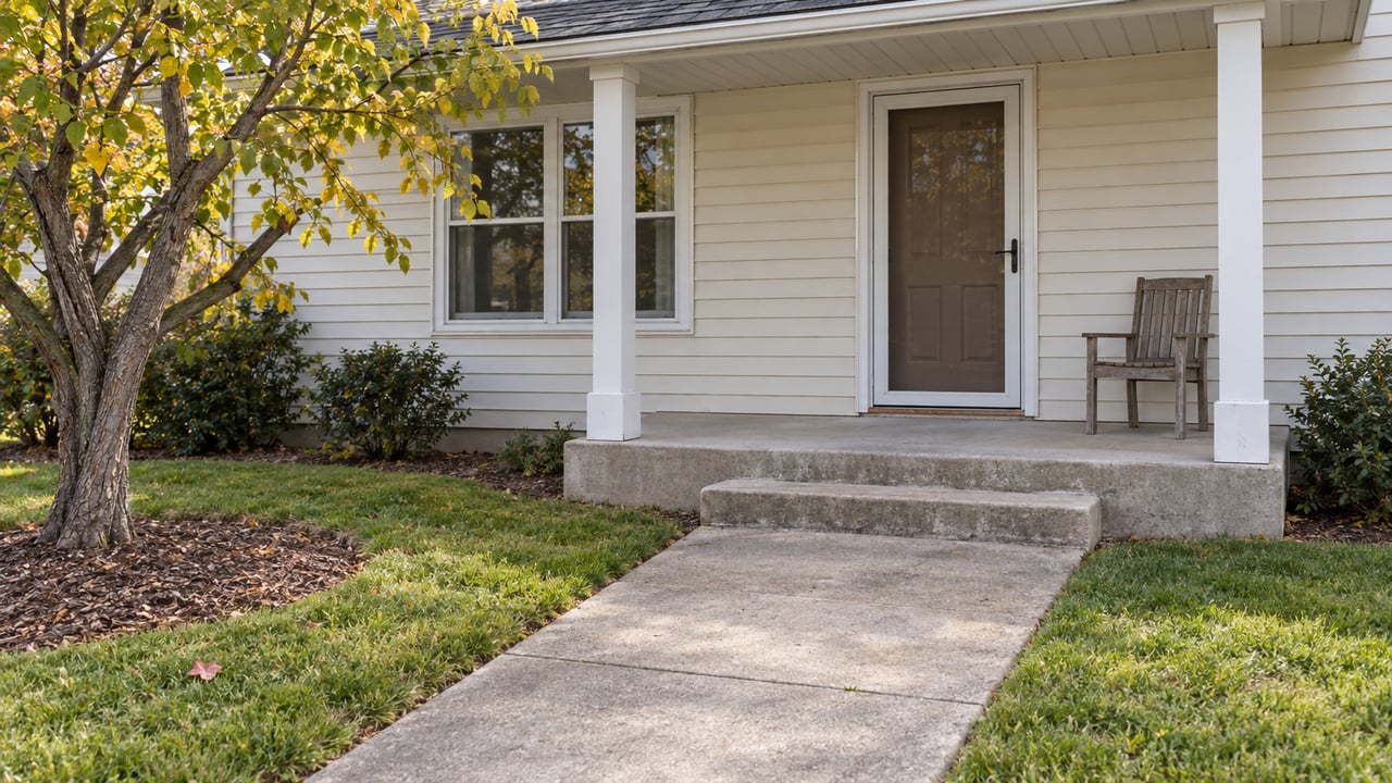 Concrete front approach and shallow covered porch of a modest cream-sided home, framed by lawn and an autumn redbud.
