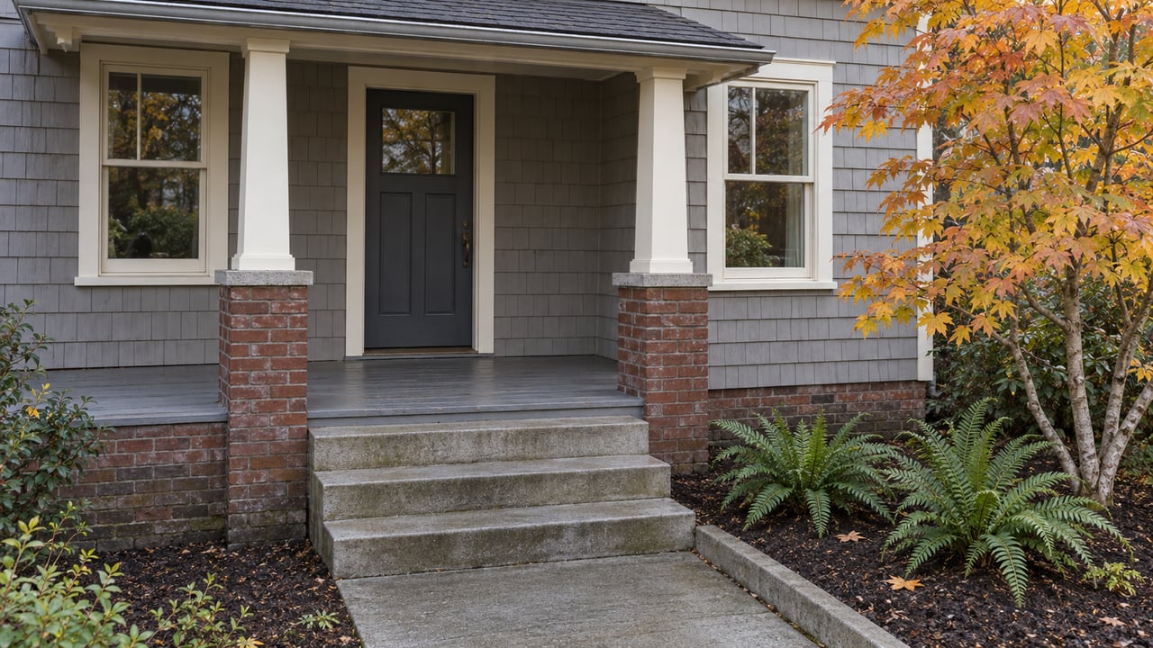 Gray-shingled home with a covered porch, brick piers, concrete steps and autumn vine maple beside sword ferns.