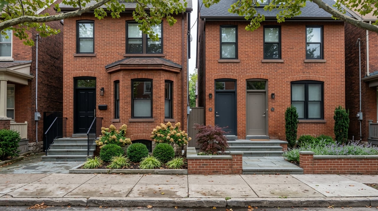 Adjacent brick homes with shallow setbacks, one with a single entrance and the other with two doors on a shared stoop.