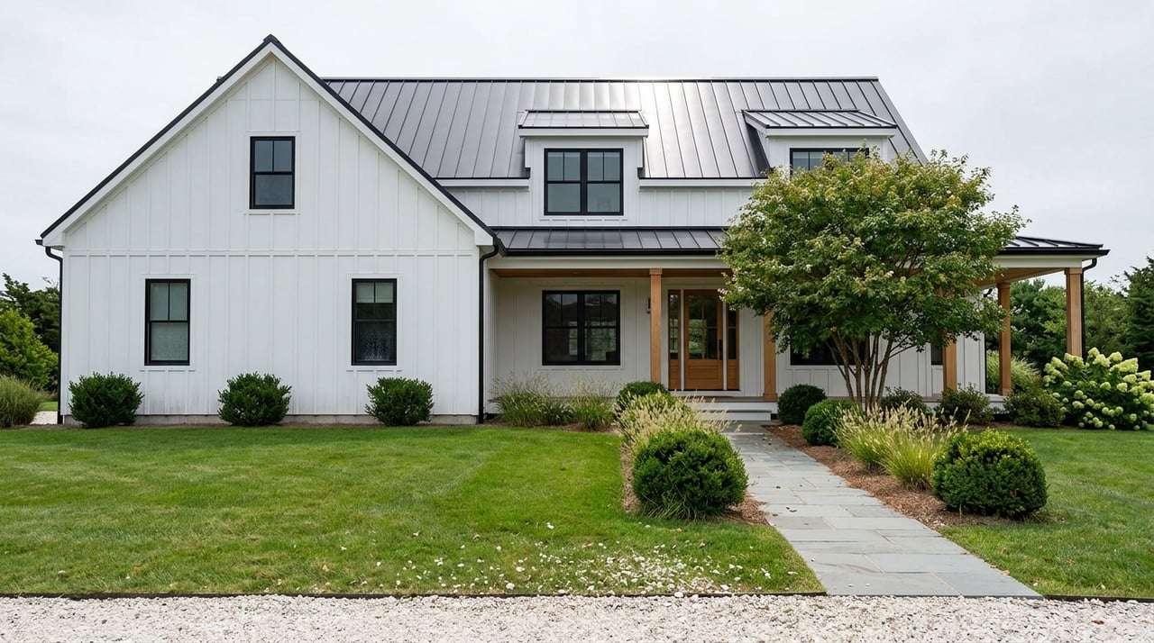 White two-story coastal farmhouse with a black metal roof, covered porch, and bluestone walk across a broad lawn.