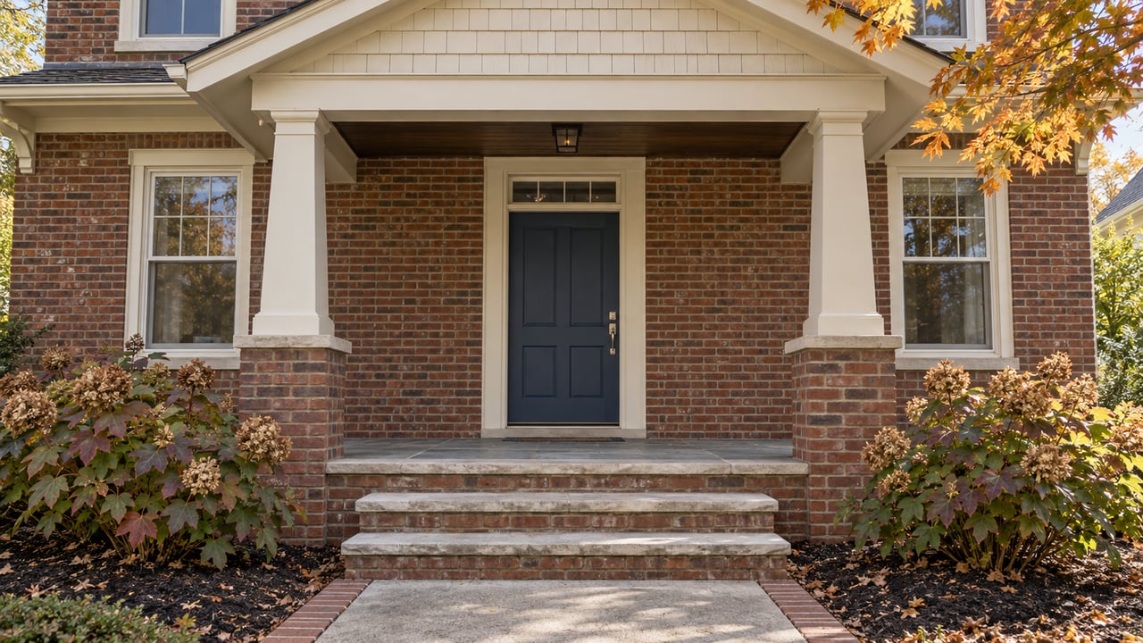 Renovated brick home with a dark blue front door, cream-painted porch, limestone steps and autumn hydrangeas.