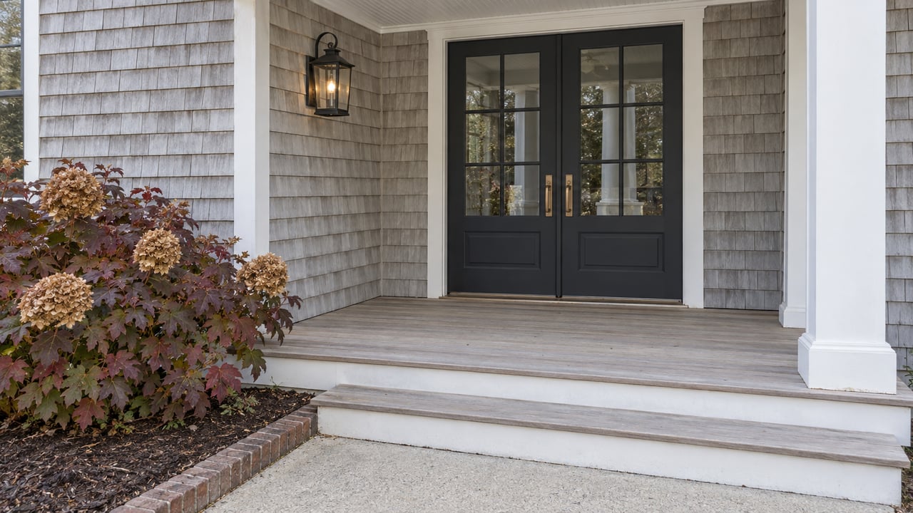 Gray shingle home with paired charcoal glass doors, weathered pale timber steps, and burgundy oakleaf hydrangea beside a brick-edged walk.
