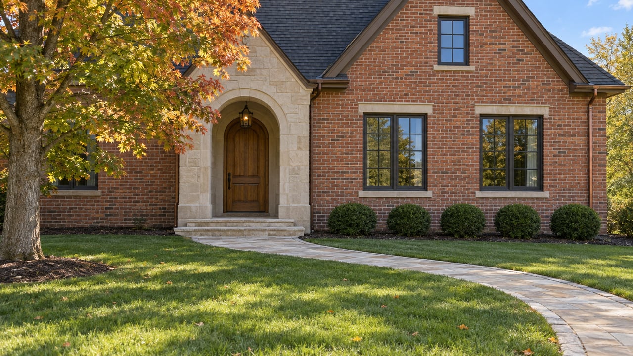 Autumn daylight on a red-brick home with a limestone arched entry, deep front lawn and a mature sugar maple.