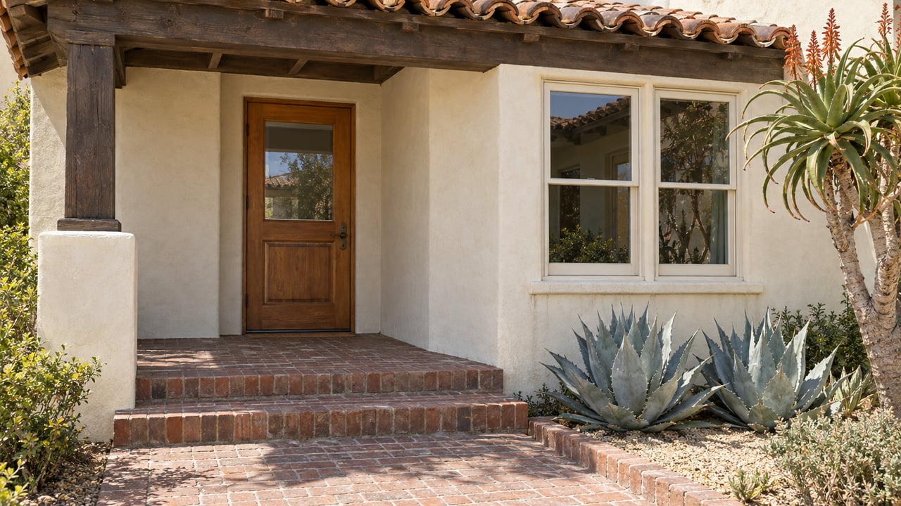 Cream stucco house porch with a timber post, terracotta roof tiles, wood entry door, brick steps, and sculptural drought-adapted plants.